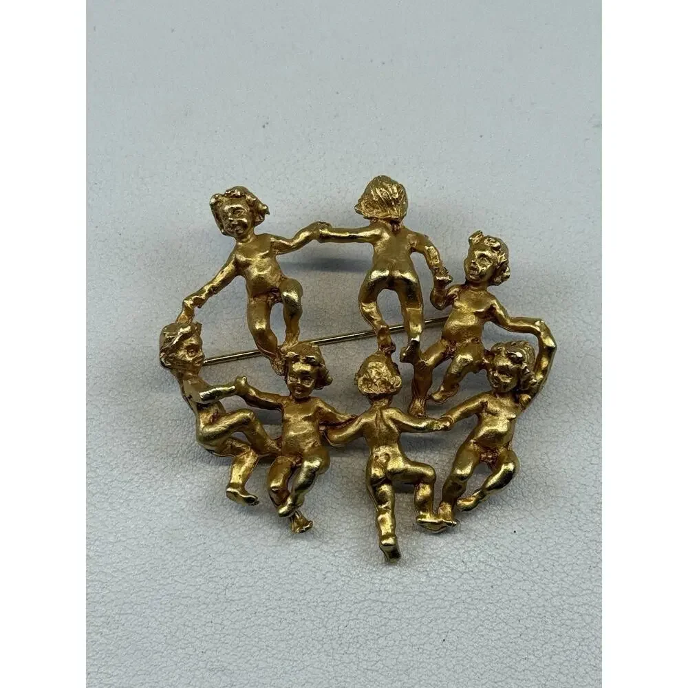 Brushed Gold Tone Vintage Cherubs Brooch
